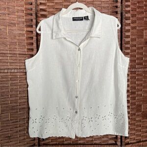 Stephanie Rogers Sleeveless Button-Front Eyelet embroidery, Linen Blend Size XL.